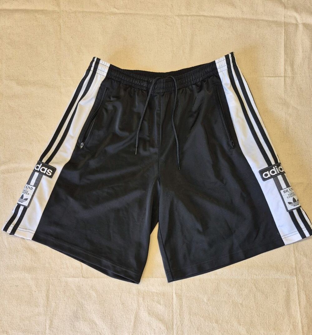 Vtg Adidas 3 Stripes Mens L Sports Shorts Black White Snap Tare Away Zip Pockets